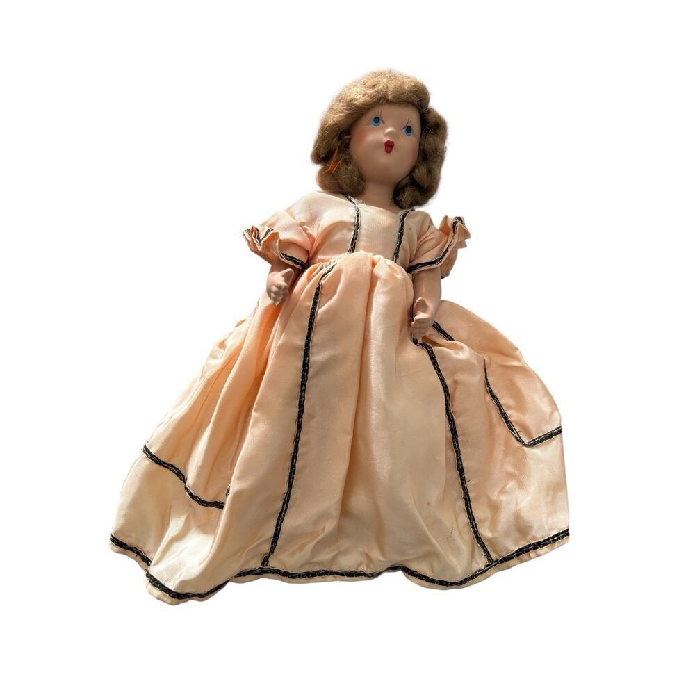 Miss Hollywood Doll 1940s Hand Painted Peach Dress Brown Hair Blue Eyes